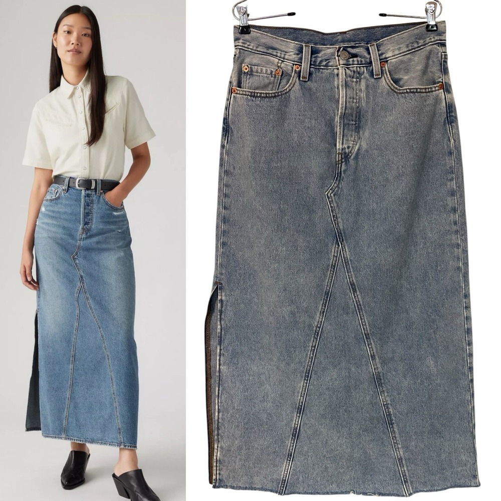 Levis Womens Maxi Denim Skirt Frayed Edge Western Coastal Cowgirl Rodeo Boho 28